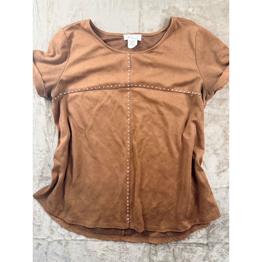 Rae Republic‎ Brown Faux Suede Studded Short Sleeve Top Size M Cognac Western